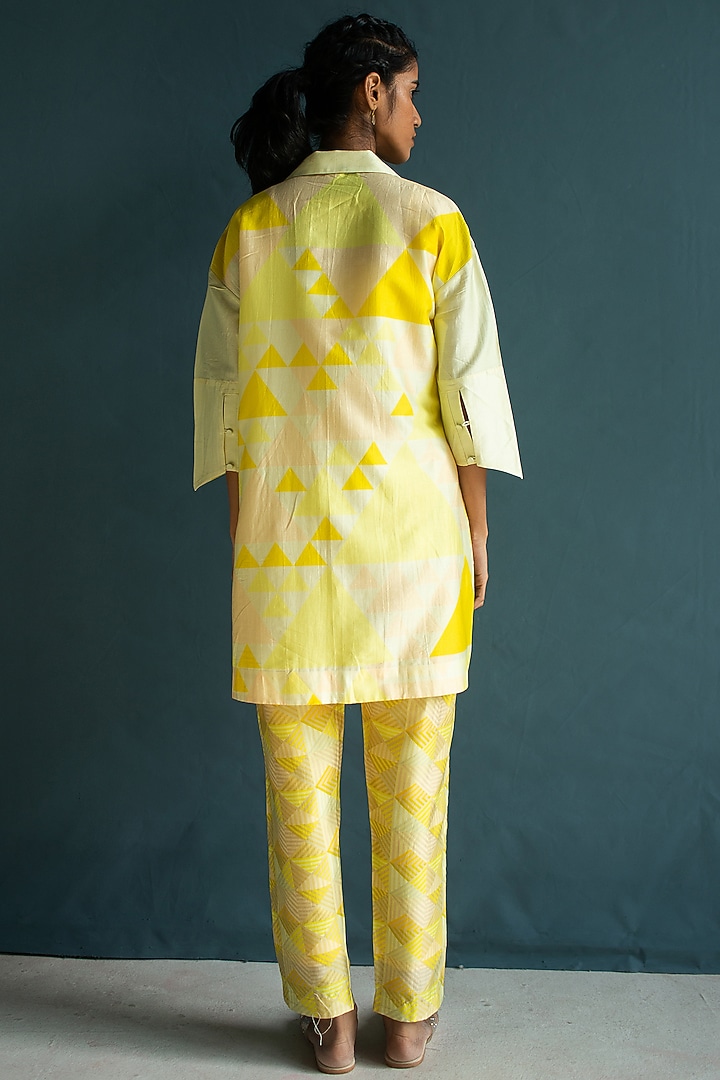 Sunflower Yellow Handloom Silk Chanderi Embroidered & Printed Co-Ord Set by OJA at Pernia's Pop Up Shop