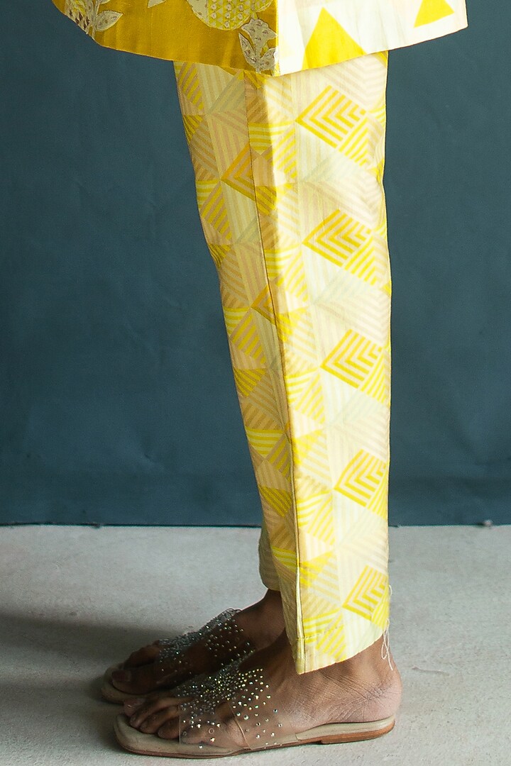 Sunflower Yellow Handloom Silk Chanderi Embroidered & Printed Co-Ord Set by OJA at Pernia's Pop Up Shop