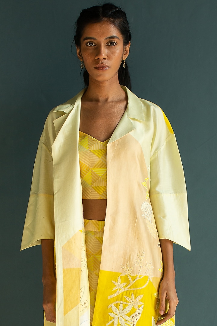Sunflower Yellow Handloom Silk Chanderi Embroidered & Printed Co-Ord Set by OJA at Pernia's Pop Up Shop