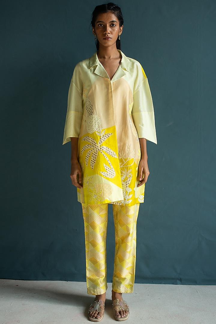 Sunflower Yellow Handloom Silk Chanderi Embroidered & Printed Co-Ord Set by OJA at Pernia's Pop Up Shop