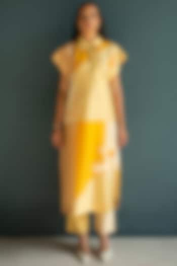 Sunflower Yellow Handloom Silk Chanderi Embroidered Kurta Set by OJA at Pernia's Pop Up Shop