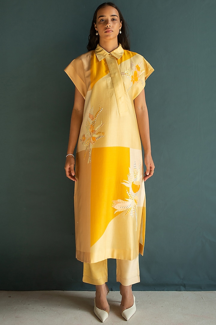 Sunflower Yellow Handloom Silk Chanderi Embroidered Kurta Set by OJA at Pernia's Pop Up Shop