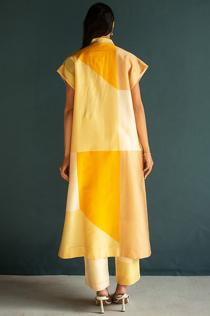 Sunflower Yellow Handloom Silk Chanderi Embroidered Kurta Set by OJA at Pernia's Pop Up Shop
