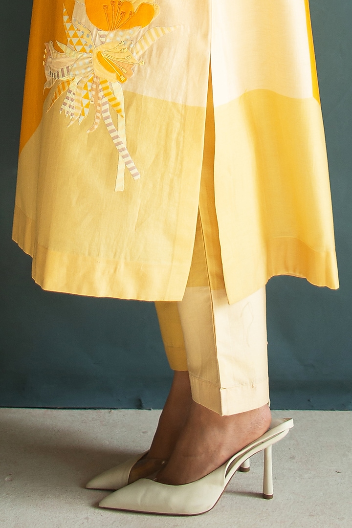 Sunflower Yellow Handloom Silk Chanderi Embroidered Kurta Set by OJA at Pernia's Pop Up Shop