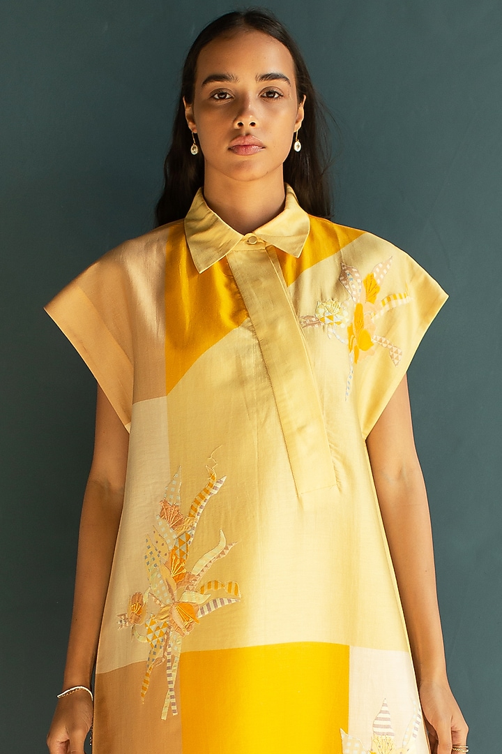 Sunflower Yellow Handloom Silk Chanderi Embroidered Kurta Set by OJA at Pernia's Pop Up Shop