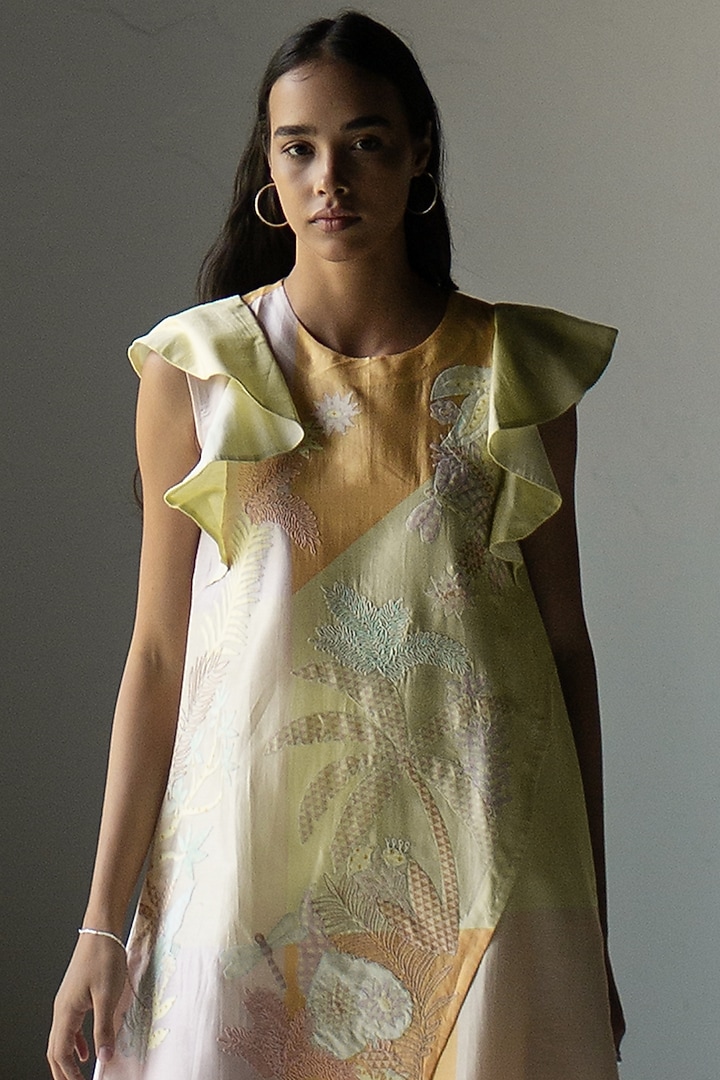 Peach Yellow Handloom Silk Chanderi Embroidered Kurta Set by OJA at Pernia's Pop Up Shop