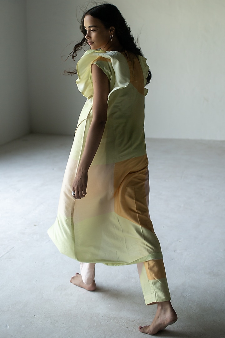 Peach Yellow Handloom Silk Chanderi Embroidered Kurta Set by OJA at Pernia's Pop Up Shop