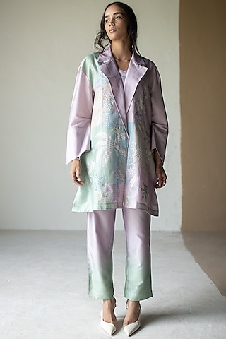 Powder Blue Handloom Silk Chanderi Embroidered Co-ord Set by OJA