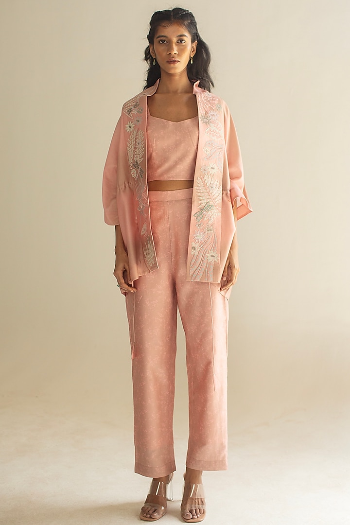 Pastel Peach Handloom Silk Chanderi Co-Ord Set by OJA