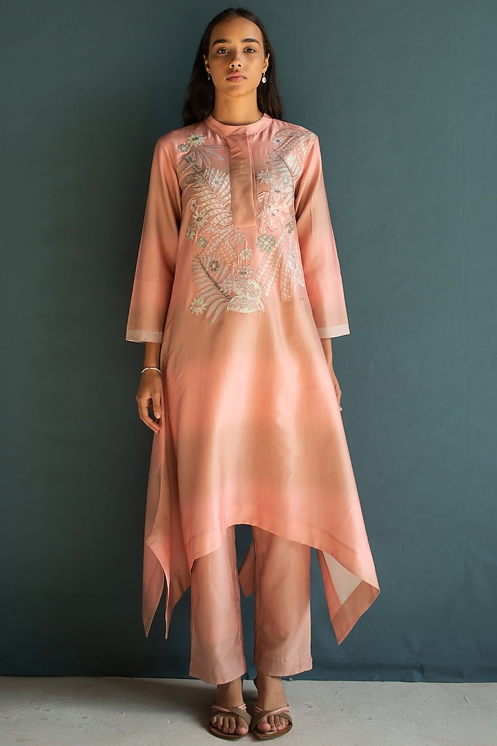 Pastel Peach Handloom Silk Chanderi Embroidered Co-Ord Set by OJA