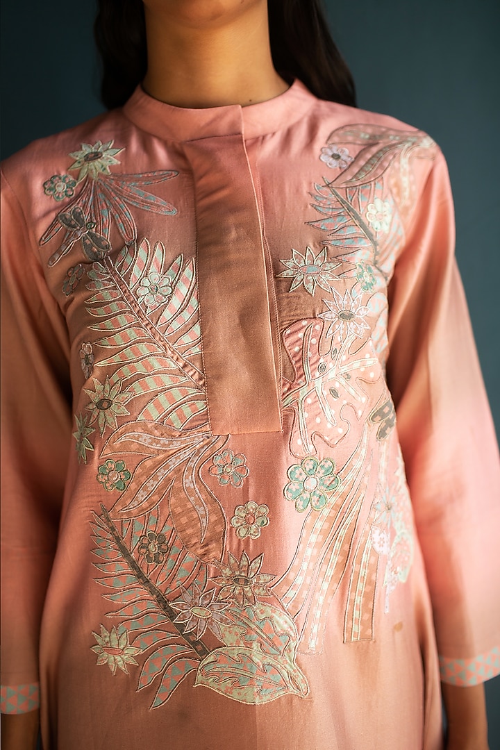 Pastel Peach Handloom Silk Chanderi Embroidered Co-Ord Set by OJA at Pernia's Pop Up Shop