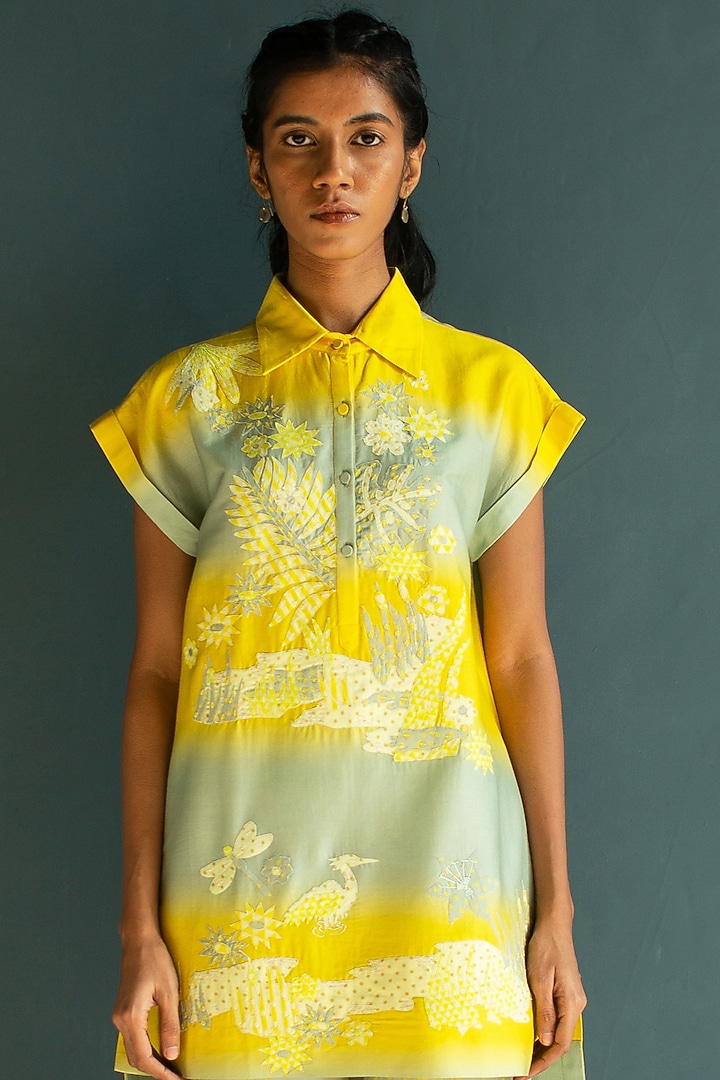 Cadmium Yellow Handloom Silk Chanderi Embroidered Co-Ord Set by OJA at Pernia's Pop Up Shop