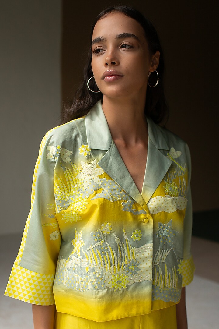Cadmium Yellow Handloom Silk Chanderi Embroidered Co-Ord Set by OJA at Pernia's Pop Up Shop