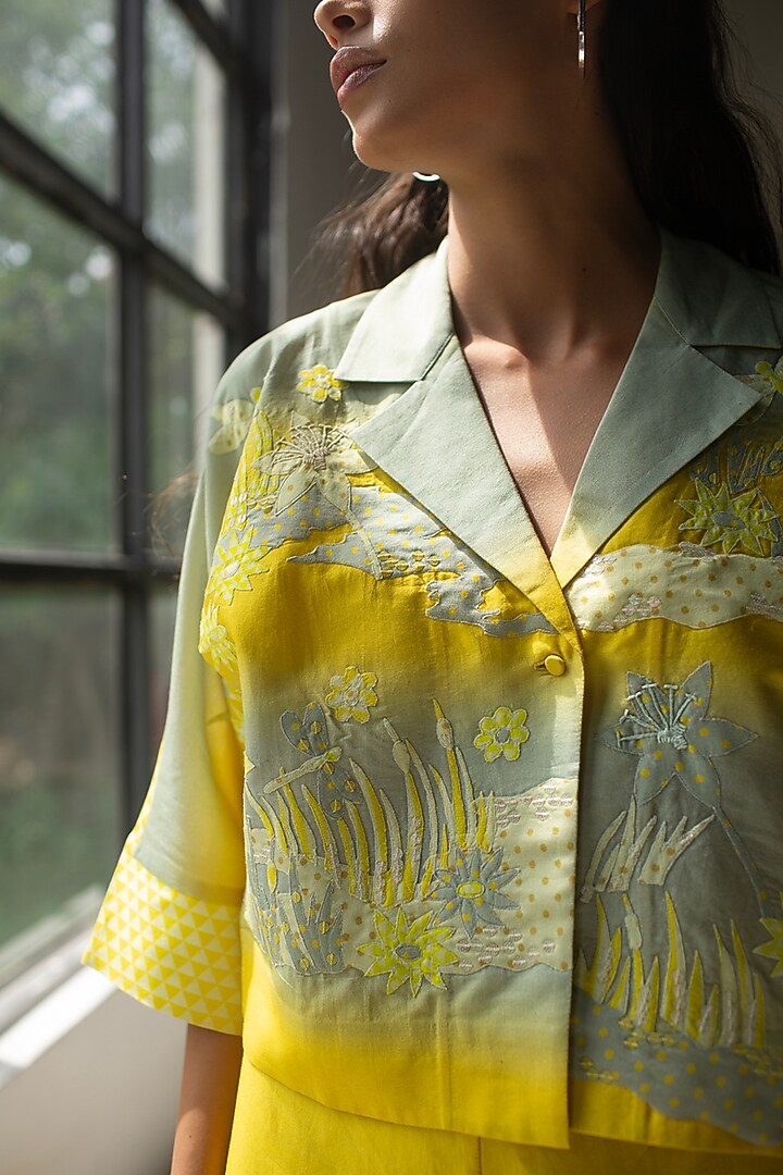 Cadmium Yellow Handloom Silk Chanderi Embroidered Co-Ord Set by OJA at Pernia's Pop Up Shop