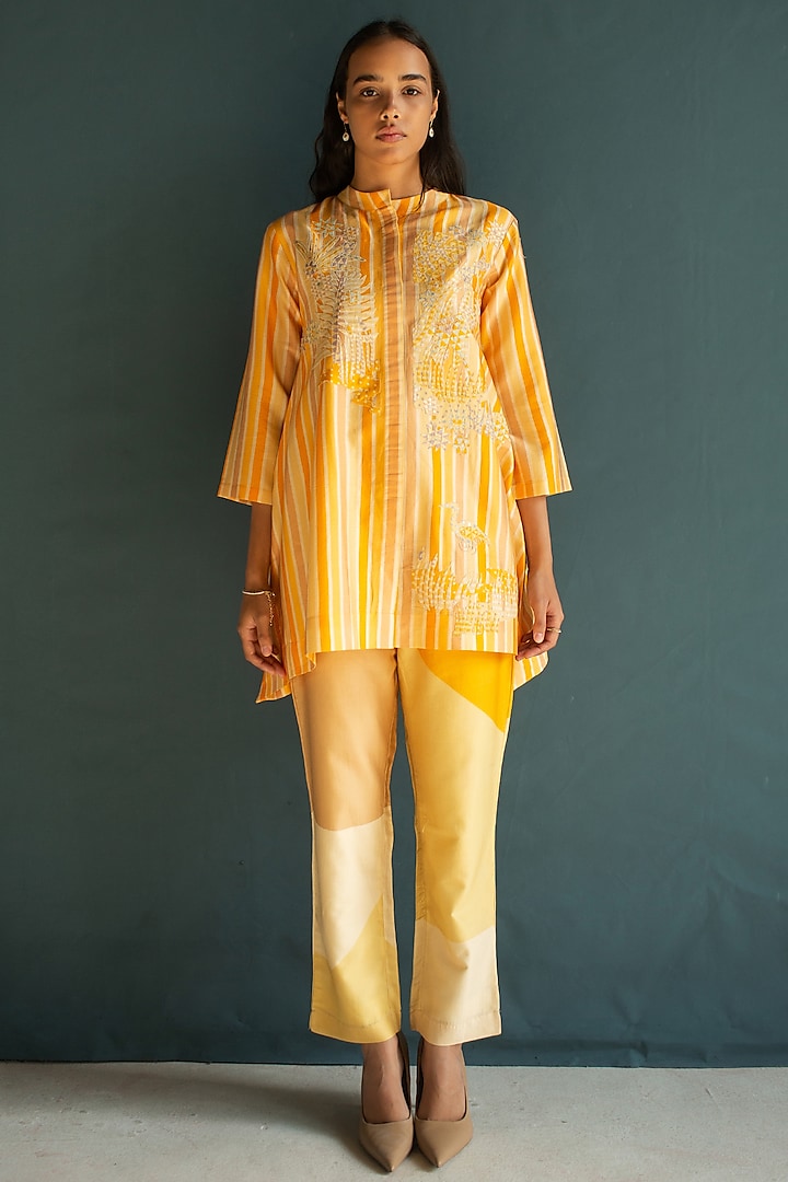 Marigold Yellow Handloom Silk Chanderi Embroidered Co-Ord Set by OJA at Pernia's Pop Up Shop