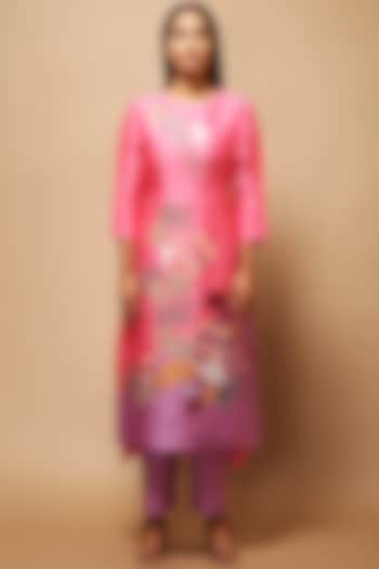 Pink  Floral Applique Embroidered Kurta With Pants by OJA