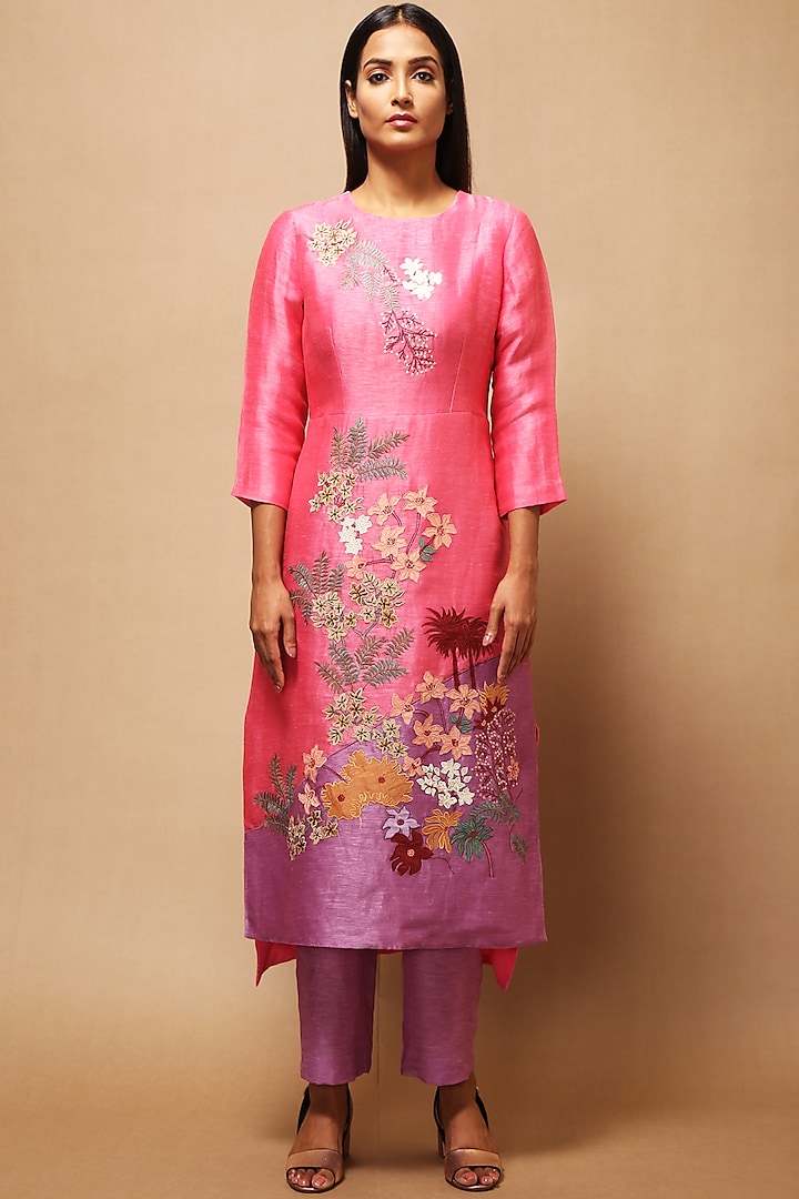 Pink  Floral Applique Embroidered Kurta With Pants by OJA
