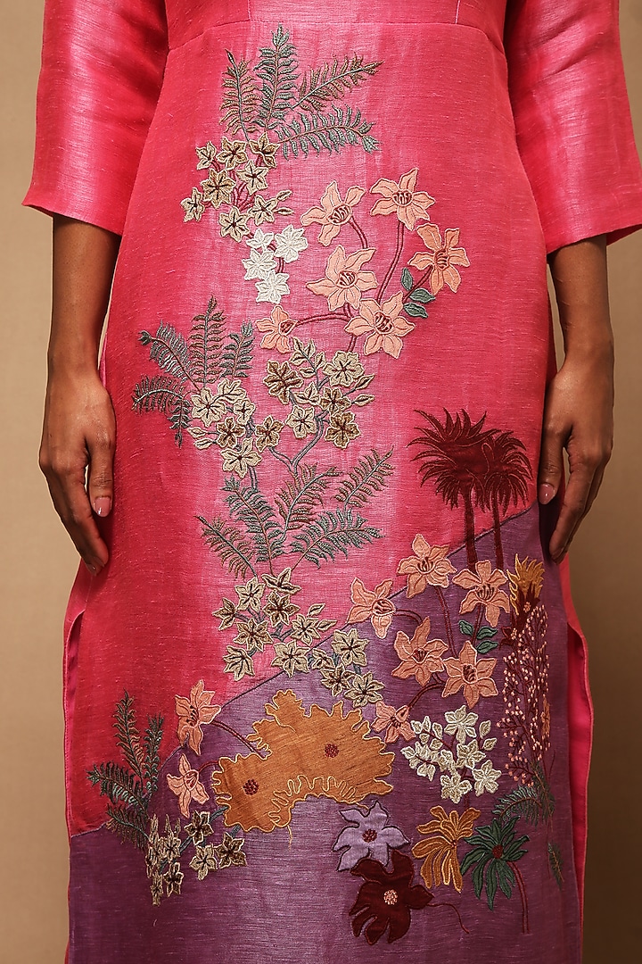 Pink Floral Applique Embroidered Kurta With Pants by OJA at Pernia's Pop Up Shop
