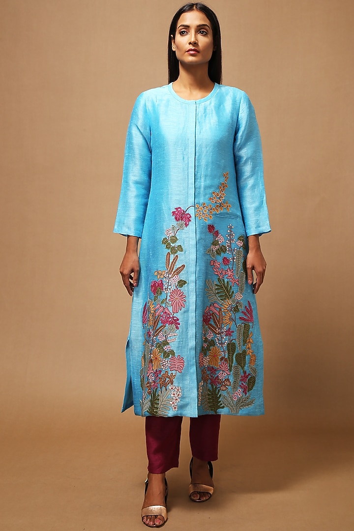 Powder Blue Floral Applique Embroidered Kurta With Pants by OJA at Pernia's Pop Up Shop