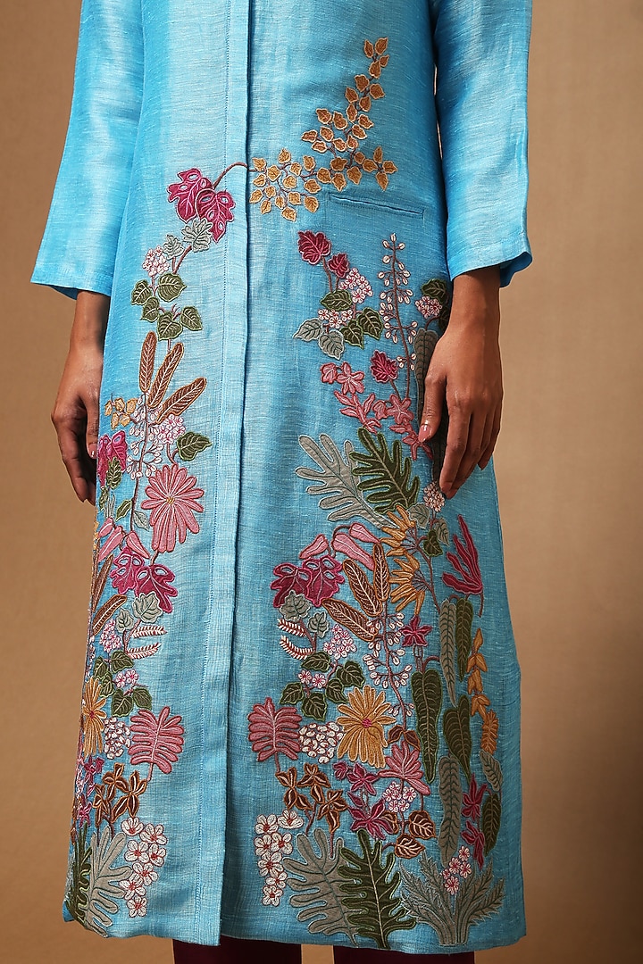 Powder Blue Floral Applique Embroidered Kurta With Pants by OJA at Pernia's Pop Up Shop