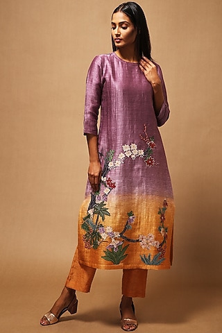 Purple Floral Applique Embroidered Kurta With Pants by OJA
