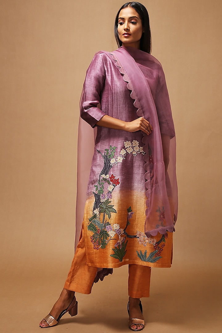 Purple Floral Applique Embroidered Kurta Set by OJA