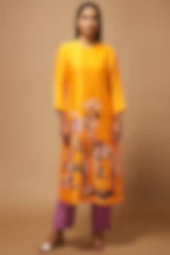 Yellow Floral Applique Embroidered Kurta With Pants by OJA