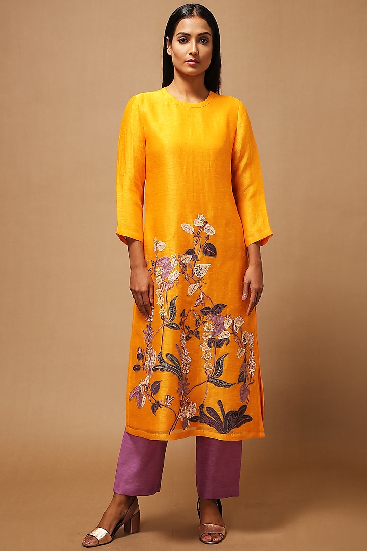 Yellow Floral Applique Embroidered Kurta With Pants by OJA