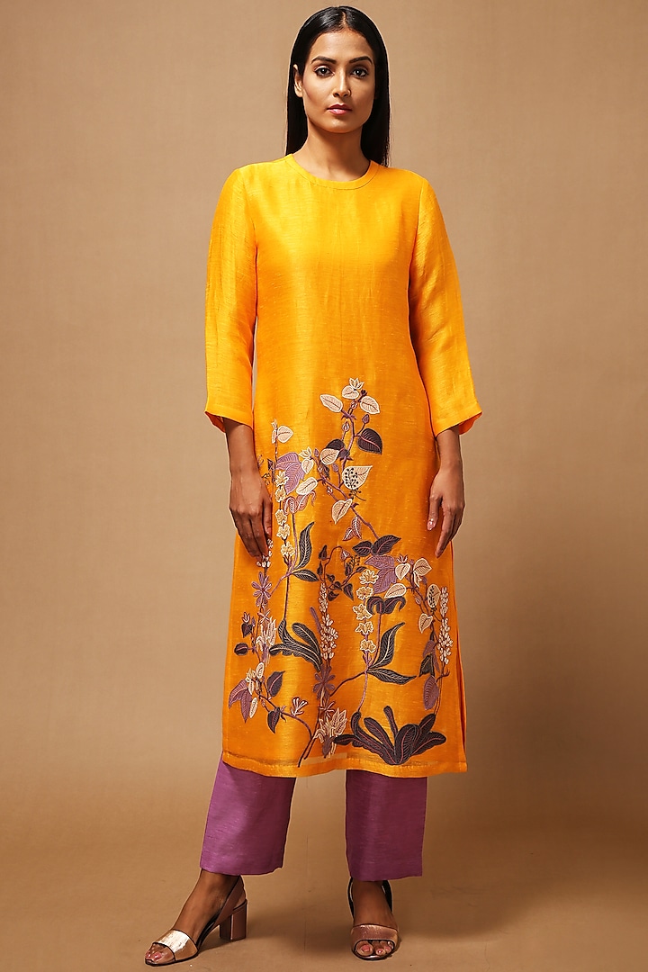 Yellow Floral Applique Embroidered Kurta With Pants by OJA at Pernia's Pop Up Shop