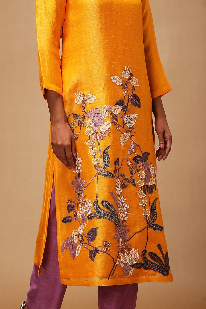 Yellow Floral Applique Embroidered Kurta With Pants by OJA at Pernia's Pop Up Shop