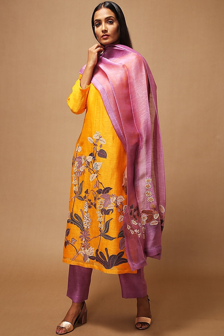 Yellow Floral Applique Embroidered Kurta Set by OJA