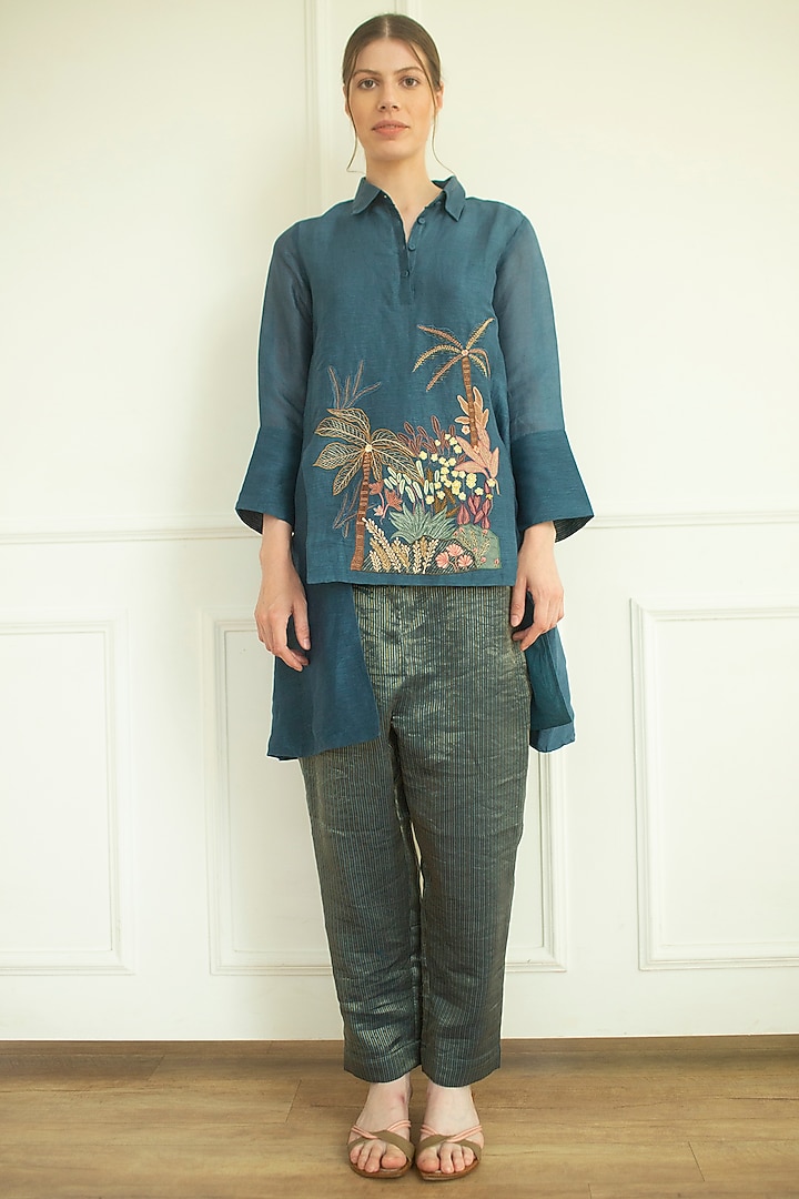 Blue Handloom Linen Silk Tunic Set by OJA at Pernia's Pop Up Shop