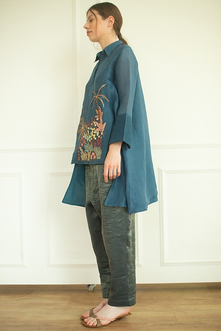 Blue Handloom Linen Silk Tunic Set by OJA at Pernia's Pop Up Shop