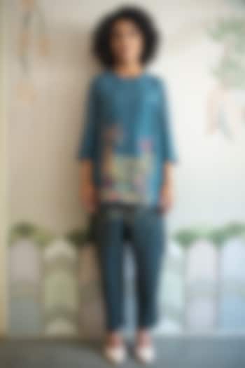 Blue Handloom Linen Silk Tunic Set by OJA at Pernia's Pop Up Shop