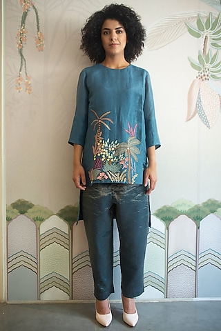Blue Handloom Linen Silk Tunic Set by OJA
