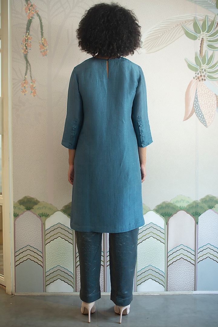 Blue Handloom Linen Silk Tunic Set by OJA at Pernia's Pop Up Shop