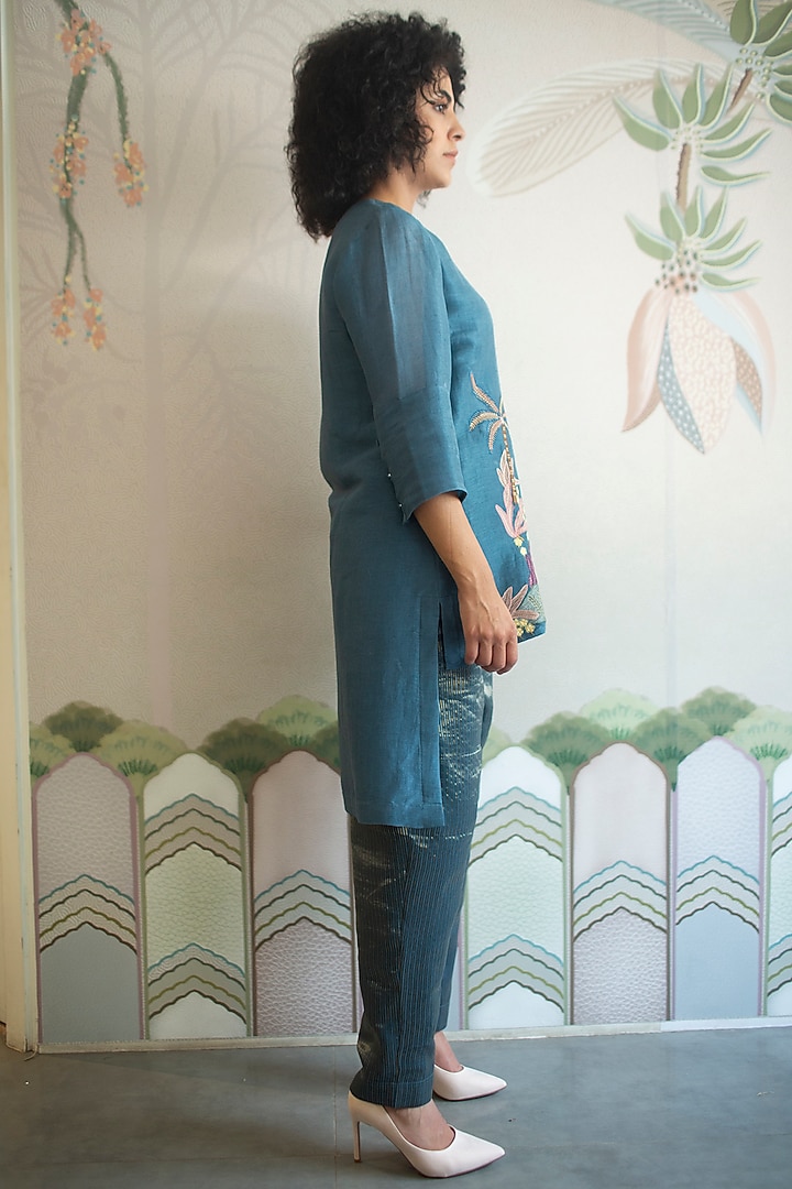 Blue Handloom Linen Silk Tunic Set by OJA at Pernia's Pop Up Shop