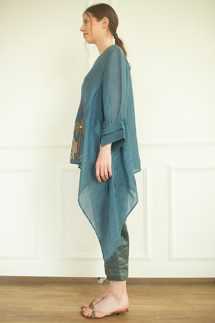 Blue Handloom Linen Silk Tunic Set by OJA at Pernia's Pop Up Shop