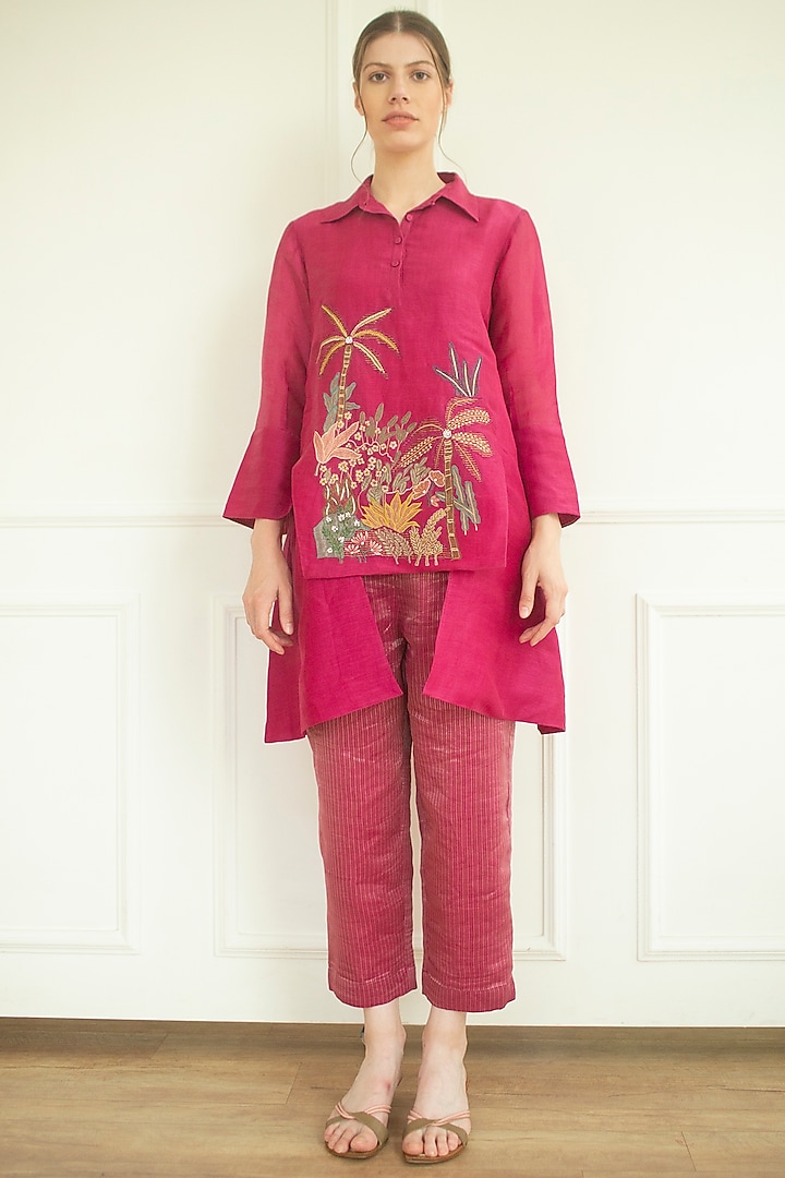Pink Handloom Linen Silk Tunic Set by OJA at Pernia's Pop Up Shop