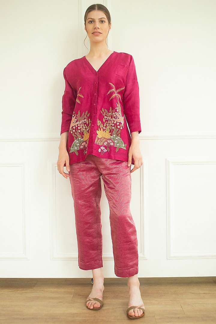 Pink Handloom Linen Silk Tunic Set by OJA at Pernia's Pop Up Shop