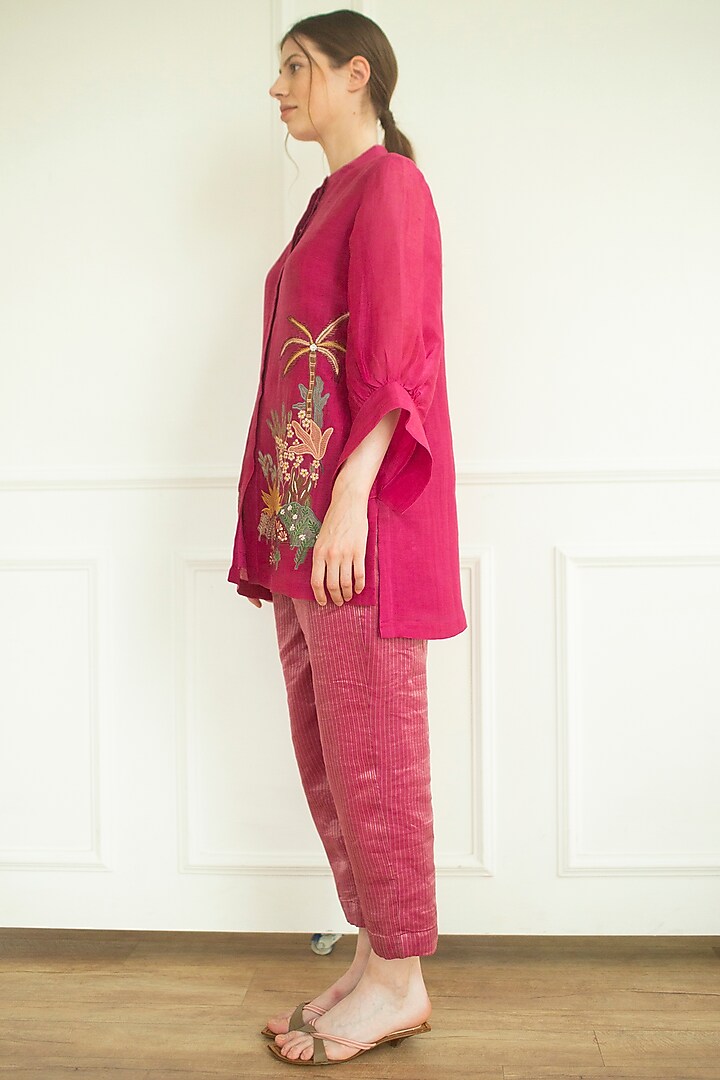 Pink Handloom Linen Silk Tunic Set by OJA at Pernia's Pop Up Shop