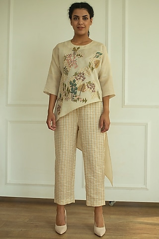 Cream Handloom Linen Silk Tunic Set by OJA