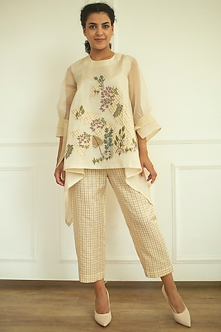Cream Handloom Linen Silk Tunic Set by OJA