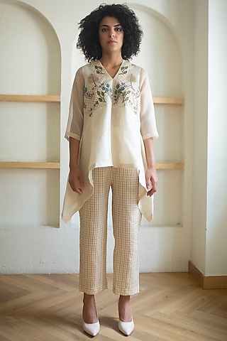 Cream Handloom Linen Silk Tunic Set by OJA