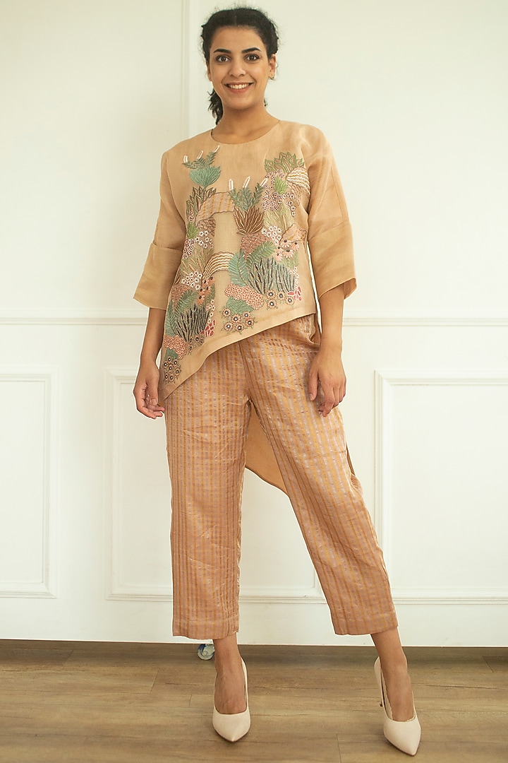Light Brown Handloom Linen Silk Tunic Set by OJA at Pernia's Pop Up Shop