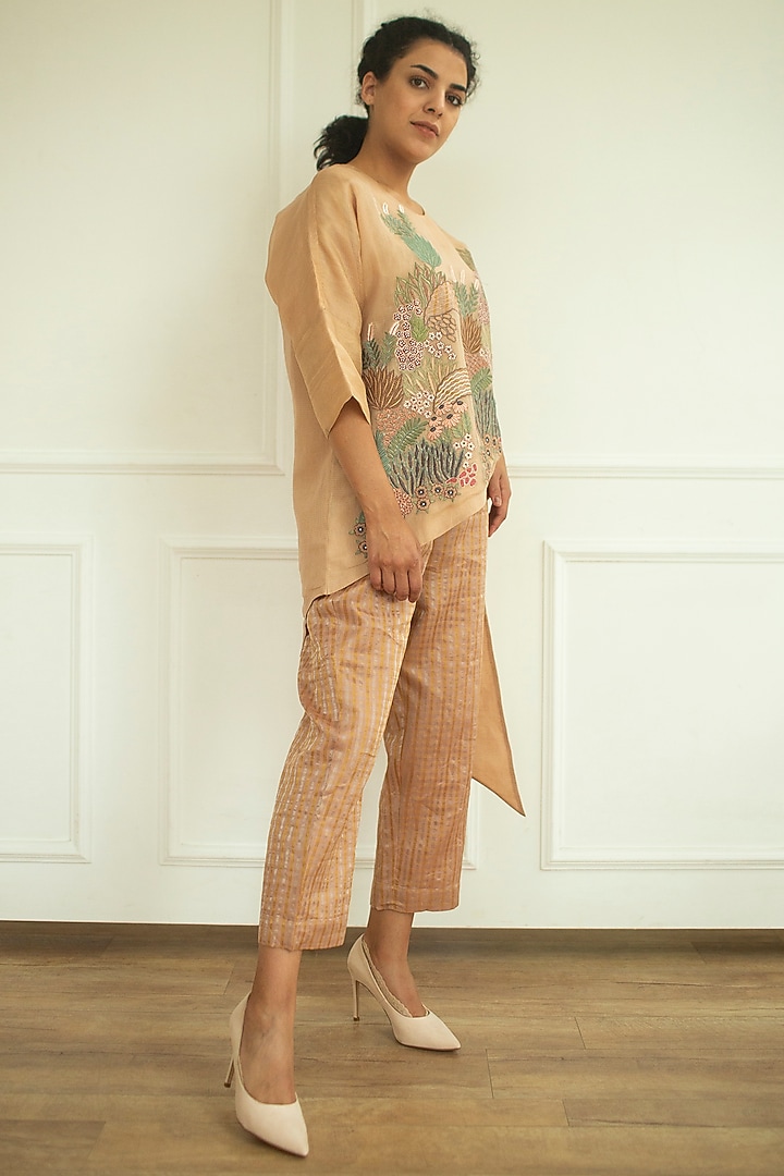 Light Brown Handloom Linen Silk Tunic Set by OJA at Pernia's Pop Up Shop