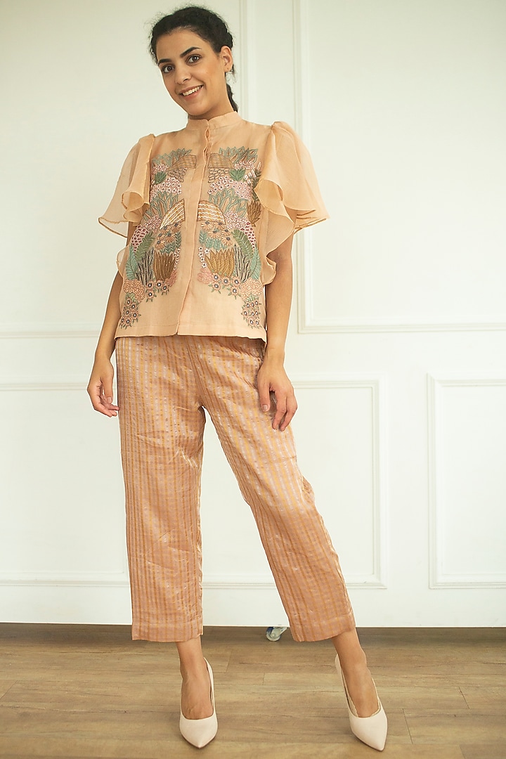 Light Brown Handloom Linen Silk Tunic Set by OJA