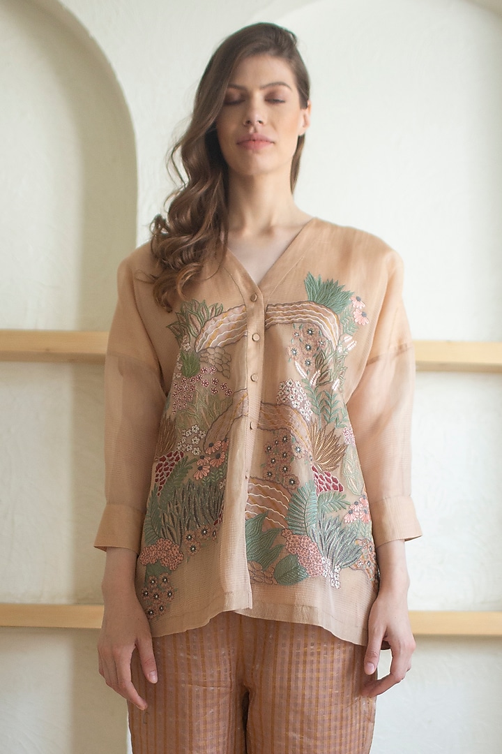 Rose Gold Handloom Linen Silk Tunic Set by OJA at Pernia's Pop Up Shop