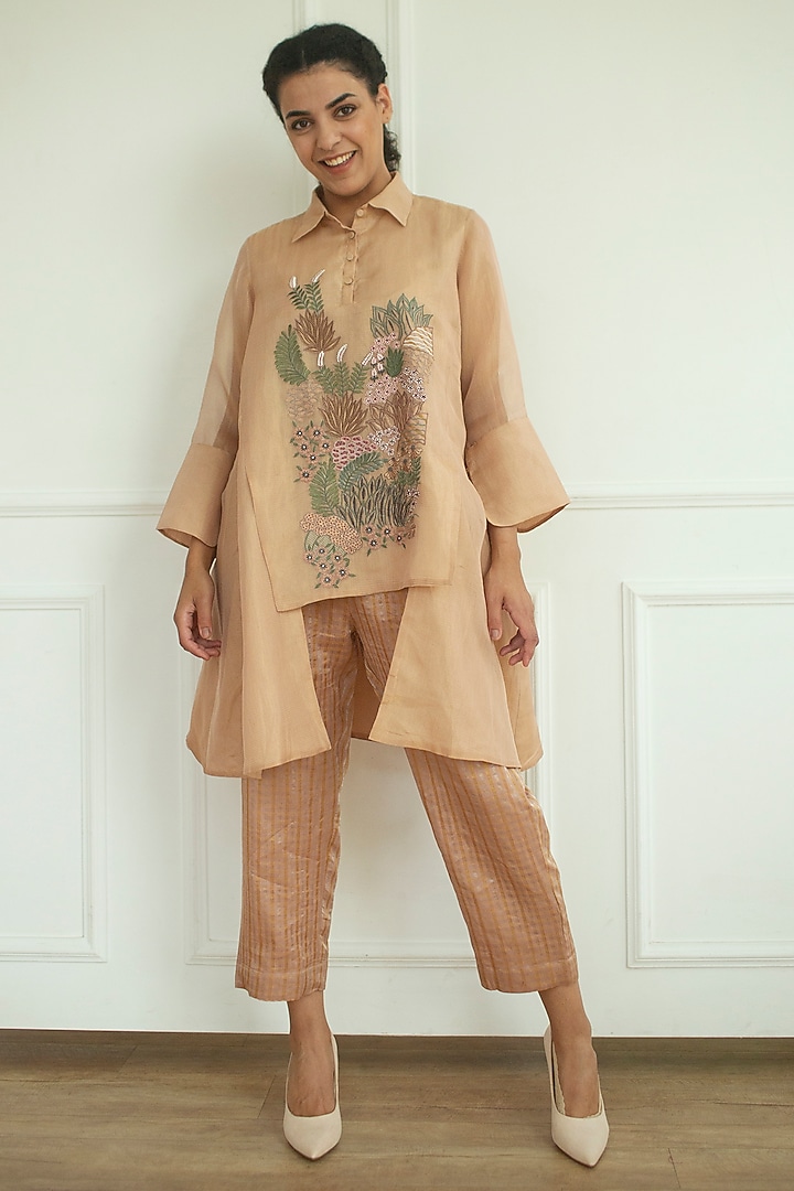 Rose Gold Linen Silk Embroidered Tunic Set by OJA at Pernia's Pop Up Shop