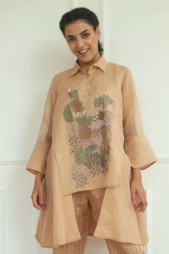 Rose Gold Linen Silk Embroidered Tunic Set by OJA at Pernia's Pop Up Shop